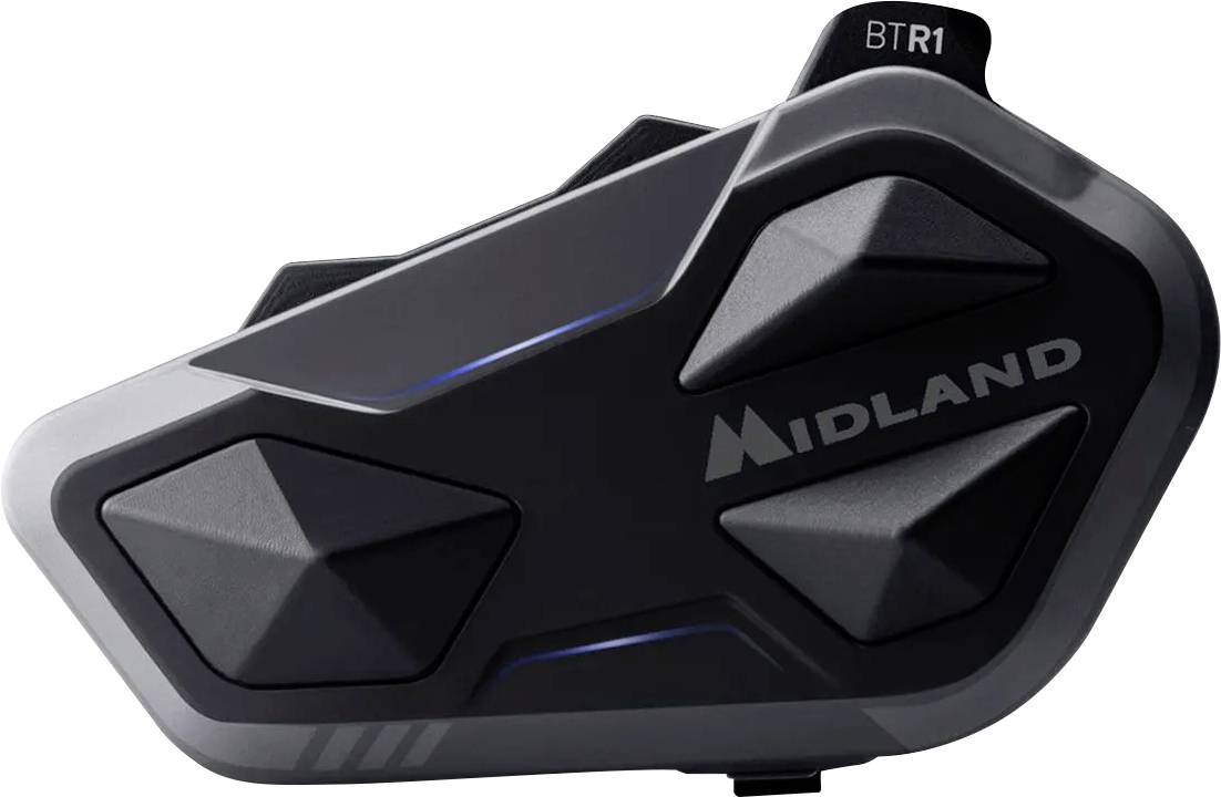 Black Midland BTR1 wireless intercom unit shown on a white background, with large faceted control buttons.<br>