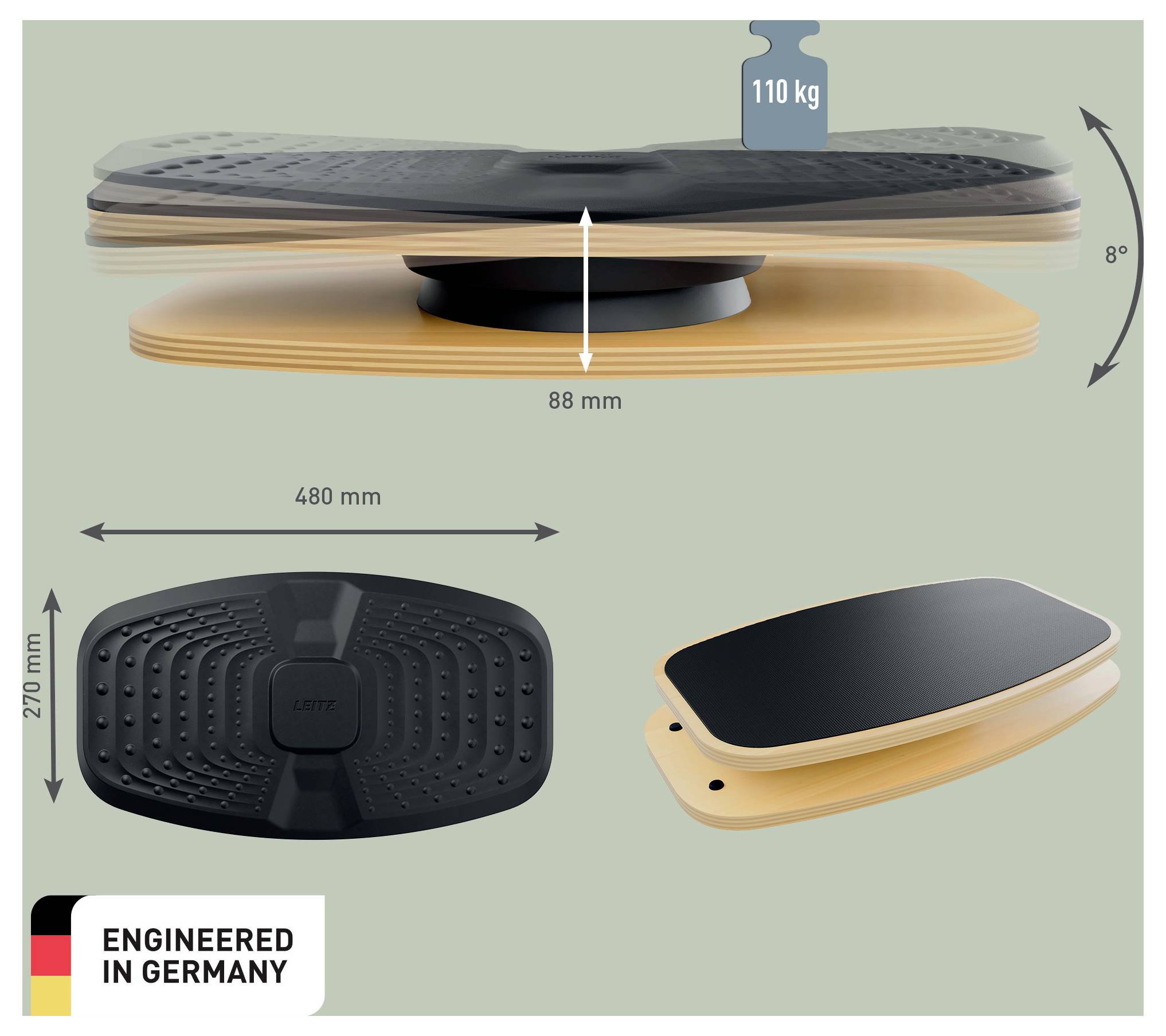 Product diagram of a balance board: 480 mm x 270 mm, 88 mm high, tilts 8 degrees, supports 110 kg, labeled 'Engineered in Germany'.