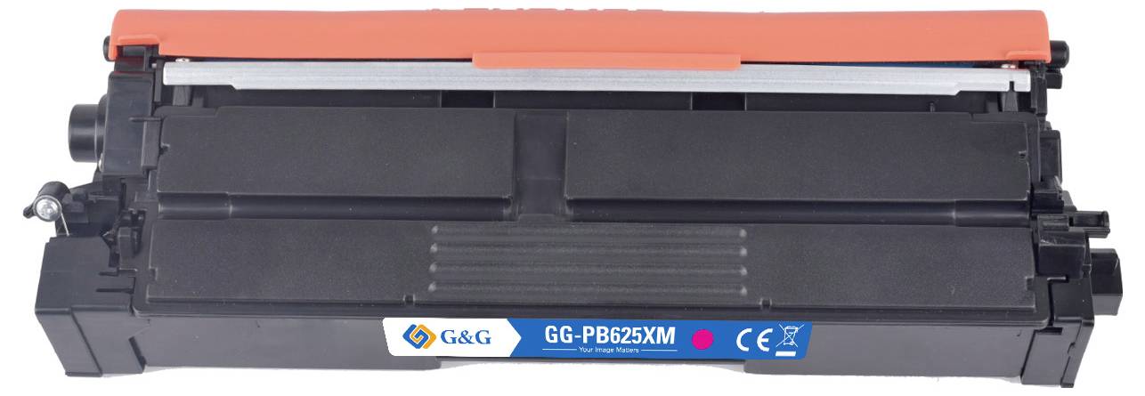 Black printer toner cartridge with orange top and blue label, shown in side view on a white background.