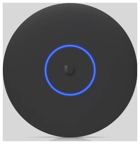 Front view of a black circular device with a glowing blue ring and a small central logo on a light background.<br>