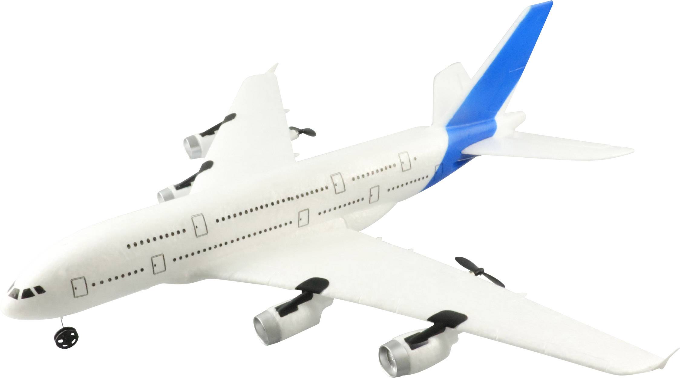 A plastic toy aeroplane with blue wings and four engines, shown against a white background.