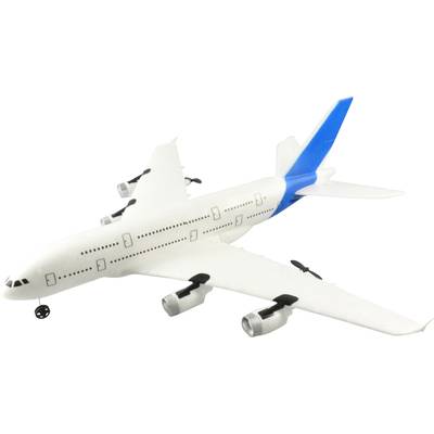 A plastic toy aeroplane with blue wings and four engines, shown against a white background.