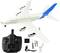 Remote-controlled toy aeroplane model with blue tail wing, supplied with remote control, charger, and spare parts.