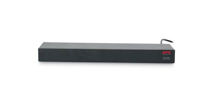 A black APC power strip with multiple sockets and a power cable, suitable for supplying power to several electronic devices.