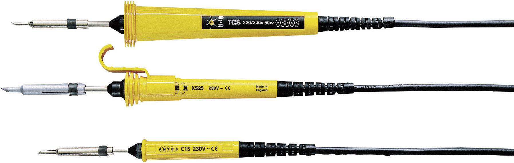 Three yellow soldering irons of different sizes. The models are stacked, all with black handles and tips of varying types.