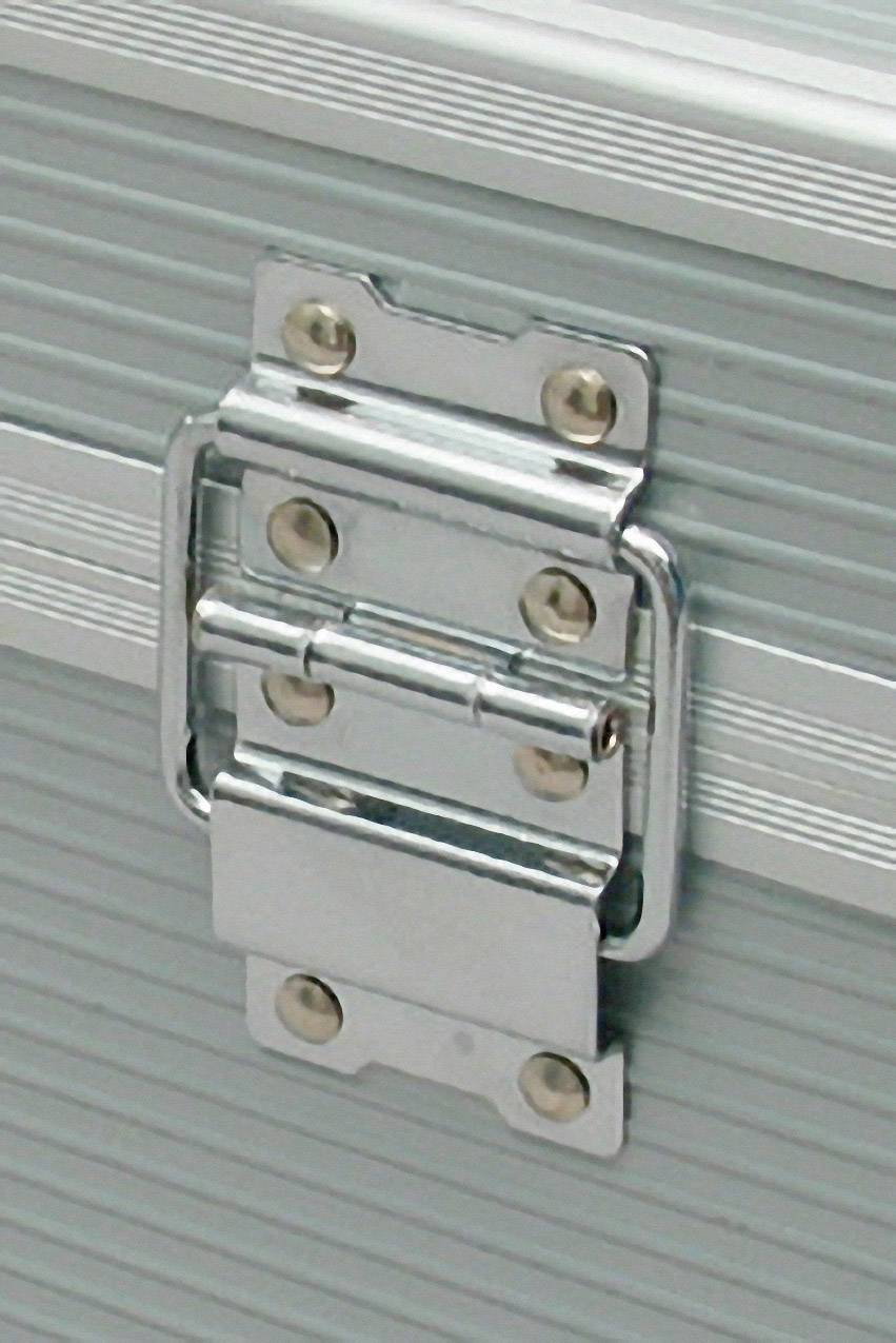 Close-up of a silver metal hinge on a corrugated metal surface.