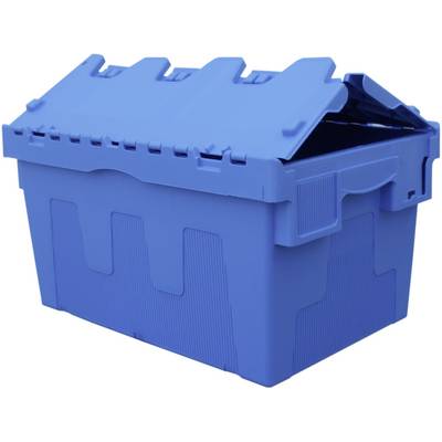 A blue, robust plastic container with a lid. The lid is slightly open, revealing the interior of the container.