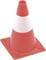 Red traffic cone with a white stripe, standing on a square base.