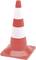 Red and white plastic traffic cone with a square base. Commonly used for blocking off areas or directing traffic.