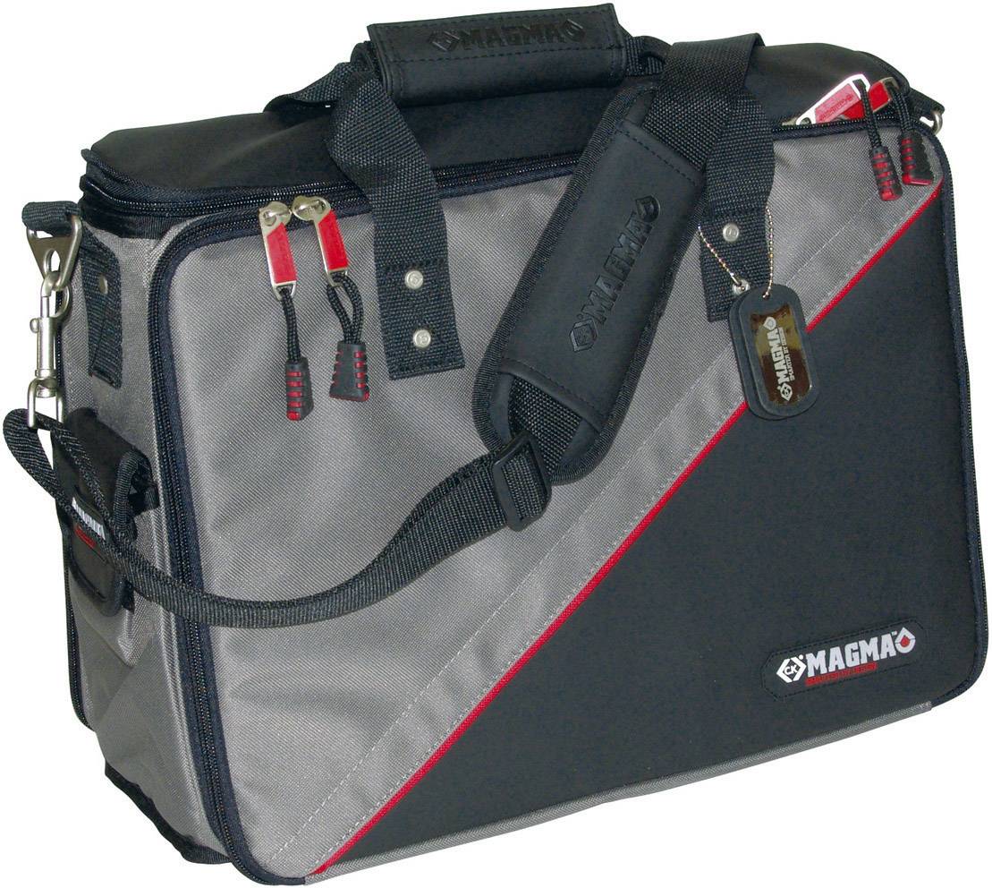 Grey and black messenger bag with a red accent and 'MAGMA' printed on the front, featuring multiple zips and a carry handle.