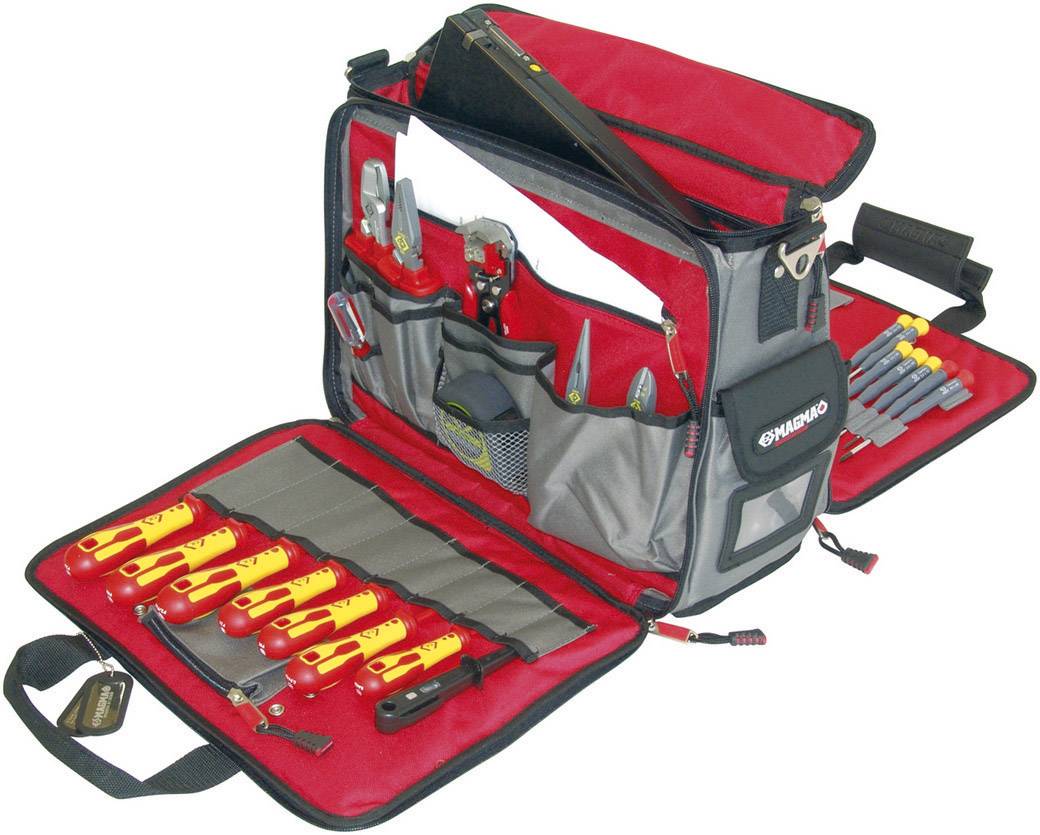 Open tool bag with multi-coloured screwdrivers, pliers, and hand tools. The bag has multiple compartments for organisation.