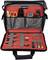 A tool bag with an open lid displays various tools such as screwdrivers, pliers, scissors and a digital measuring device.