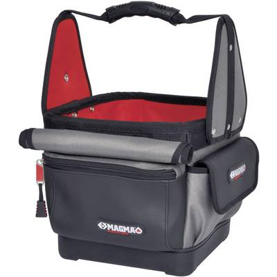 An open, black and grey tool bag with red interior lining and multiple compartments. The bag has a carrying handle at the top.