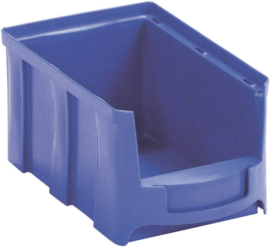 Blue plastic container with a bevelled edge for easy removal of contents, commonly used in storage or workshop environments.