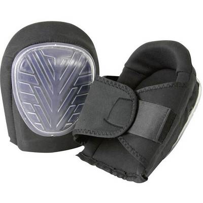 Black knee pads with padded inner lining and transparent, non-slip outer protection, providing protection during physical labour.