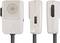 'Three views of a white electric device with ventilation slots and switches, standing upright with a power cable.'