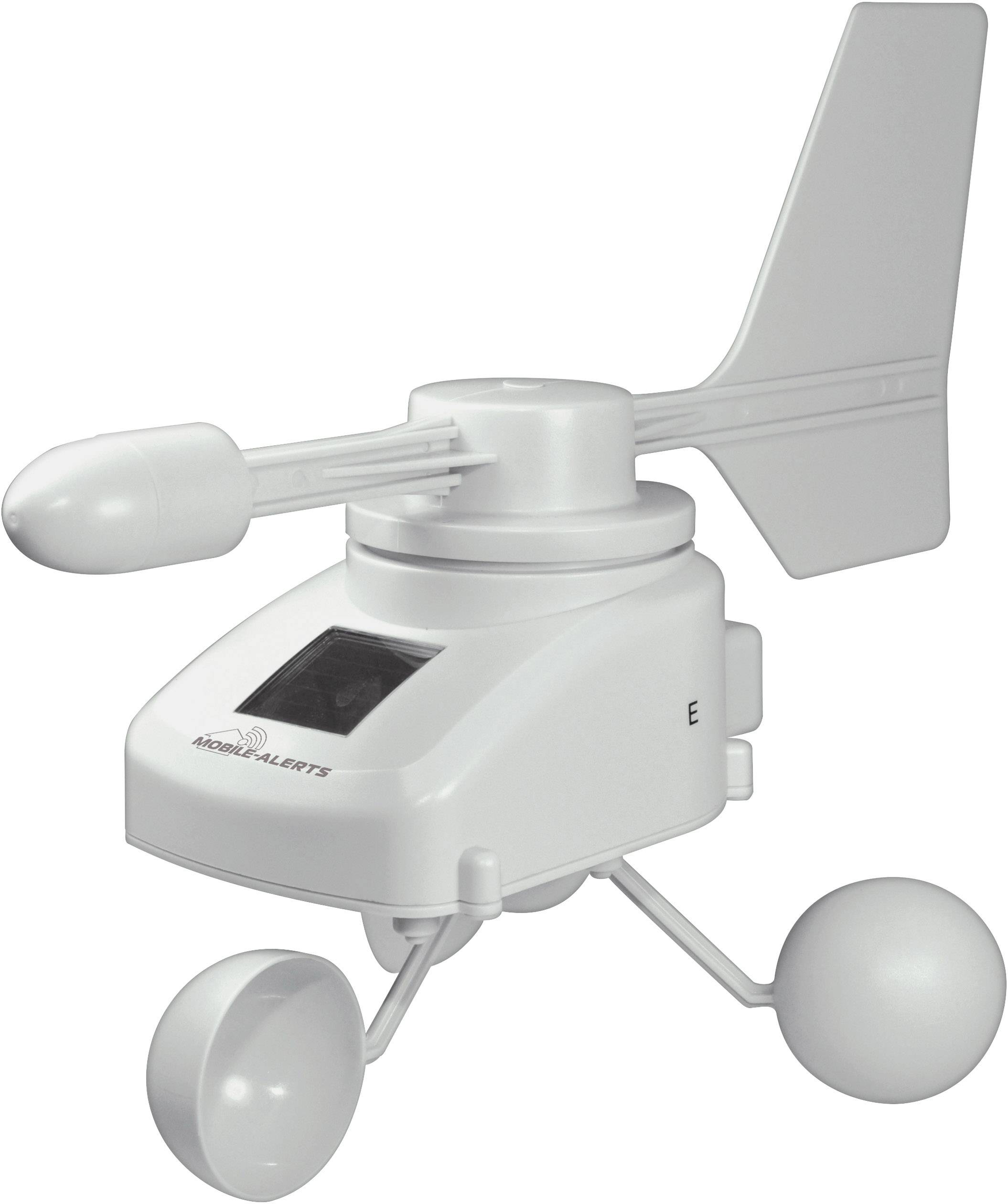 A white anemometer with three cups for measuring wind speed and direction.