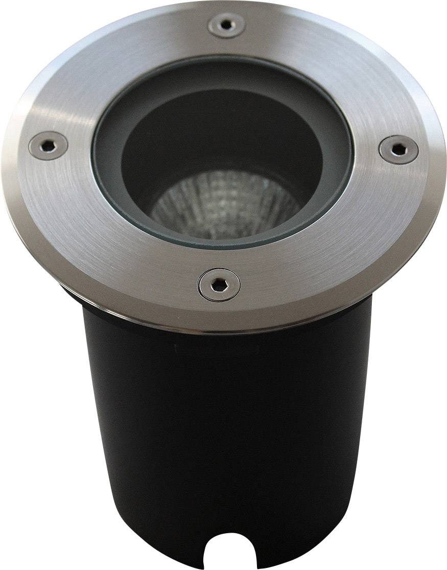 Ground-recessed light with a round, silver-coloured housing and black base. Suitable for outdoor lighting.