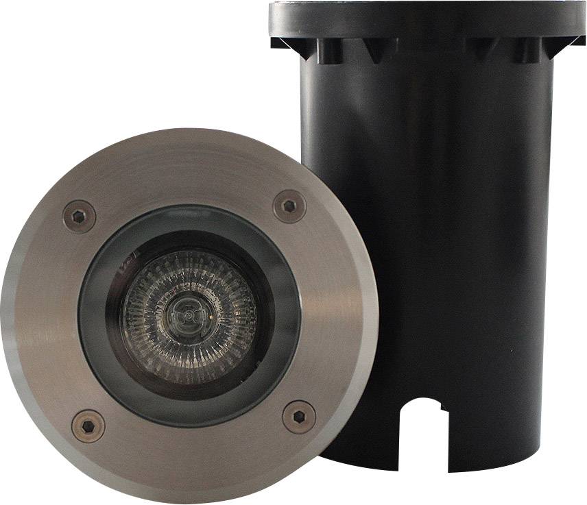 A round recessed light with a metal frame and glass cover, next to a black cylindrical housing part.