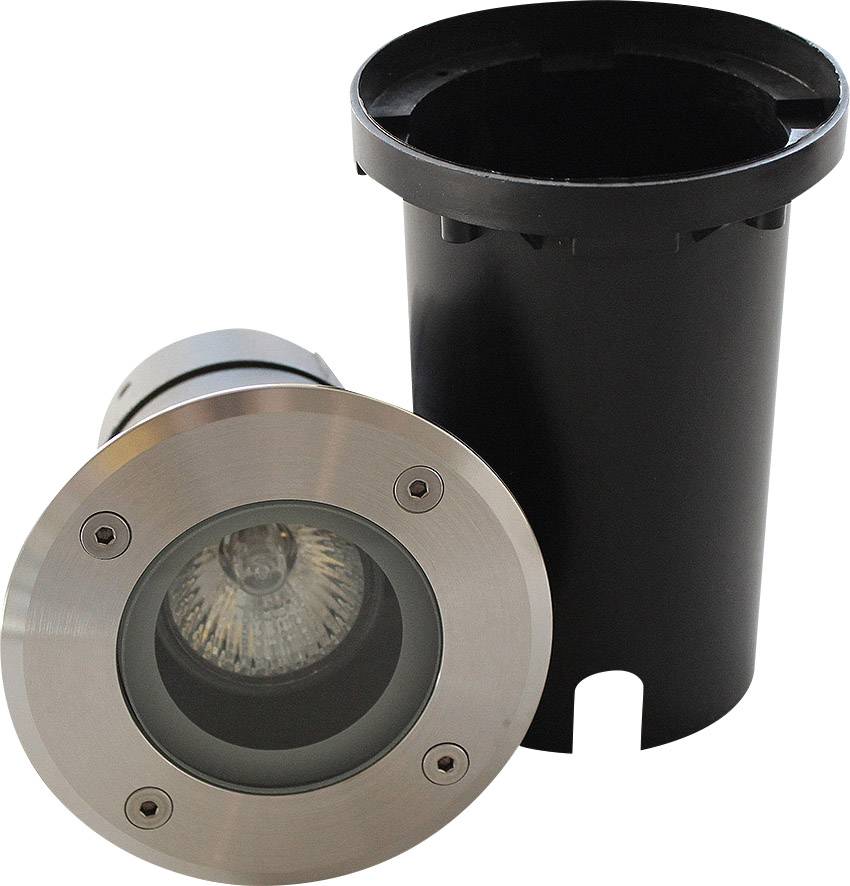 Metal recessed light with glass cover and black mounting sleeve. Suitable for ground installation for outdoor lighting.