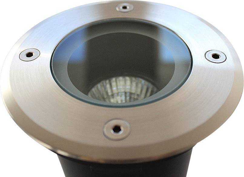 Round metal ground light with glass cover and visible bulb, suitable for outdoor lighting.