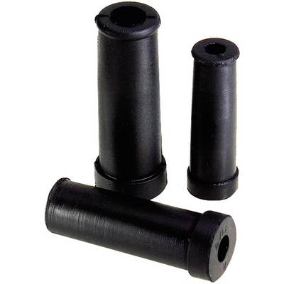 Three black cylindrical plastic tubes of varying sizes stand upright next to each other.