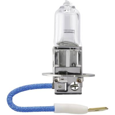 A halogen lamp with a blue cable and metal plug, used in vehicle lighting.
