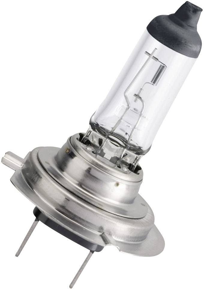 Halogen car lamp with metal mounting and glass housing, positioned horizontally, against a white background.