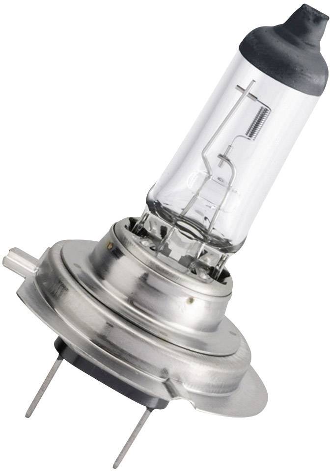 A halogen lamp with a metal base, glass housing and visible glowing filament, suitable for automotive headlights.