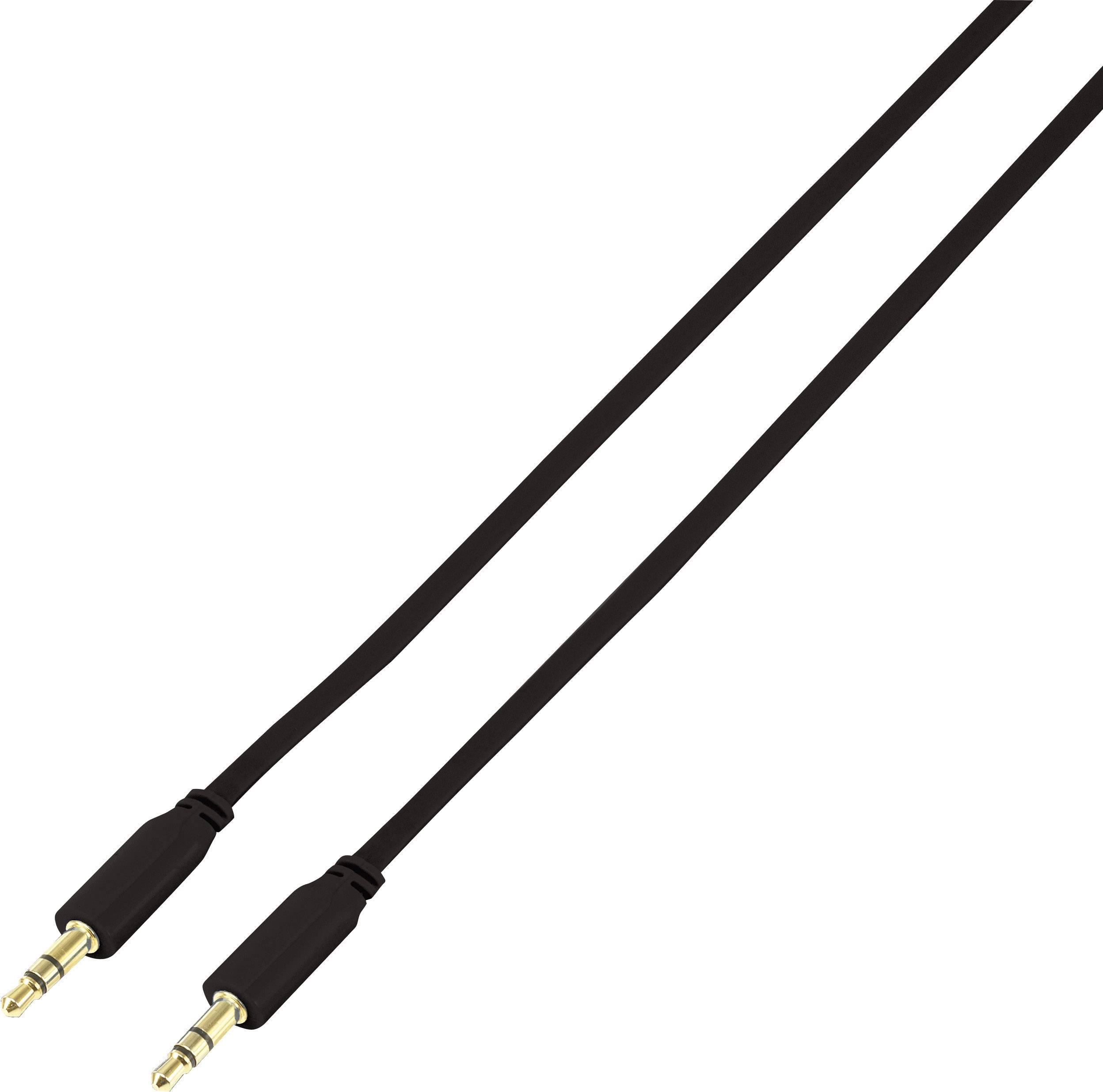 A black audio cable with two jack plugs at the ends, suitable for connecting devices with headphone sockets.