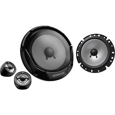 Round Kenwood speakers in various sizes. Main loudspeaker with two smaller tweeters positioned beside it, all in black.