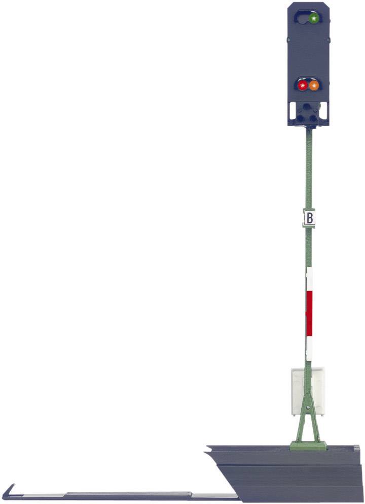 Railway signal with green and red light indicates permission or stop. Rectangular shape mounted on a track post.