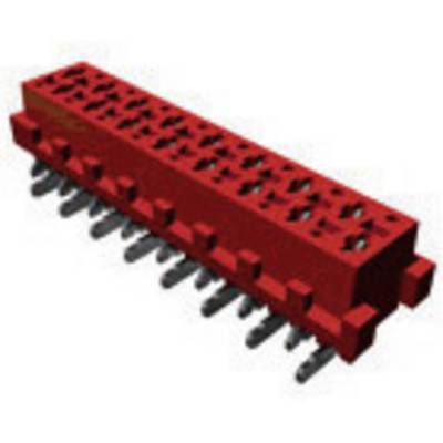 Red electrical connector with multiple metal pins. This connector is commonly used in electronic devices.