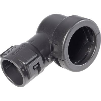 A black, angled plastic pipe fitting. It has two openings and is presumably intended for pipe installation.