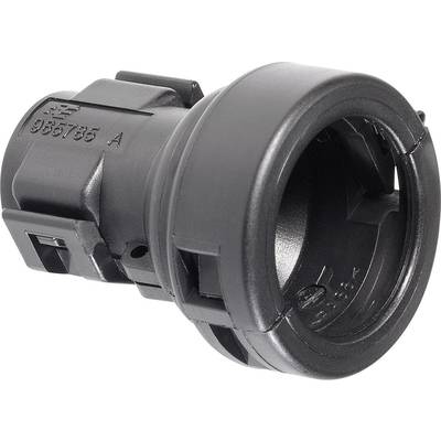 Black plastic component, cylindrically shaped, possibly a connecting element or adapter. Contains numerical embossing and grooves.