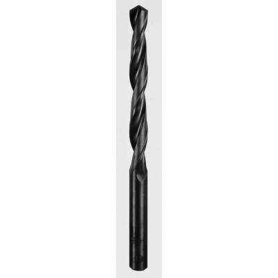 A black metal twist drill with two helical flutes, used for drilling holes in various materials.