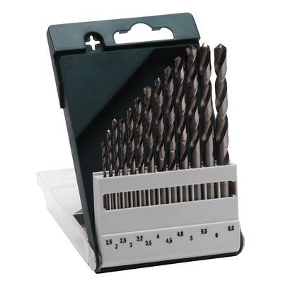 Metal drill bit set in an open plastic case; ten drill bits arranged in ascending sizes from 1.5 to 6.5 mm.