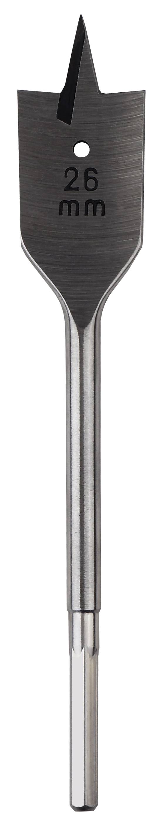 Flat milling drill bit, 26 mm diameter, made of metal. Long hex shank, sharp point and edges for wood drilling.