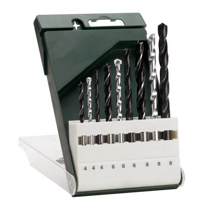 A set of eight drills of varying sizes (4 to 8 mm) is arranged in an open green case.