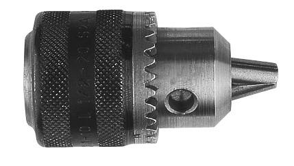Metal drill chuck in side view. It has toothed gripping jaws to secure a drill bit and a knurled grip surface.