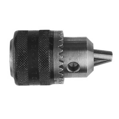 Metal drill chuck in side view. It has toothed gripping jaws to secure a drill bit and a knurled grip surface.