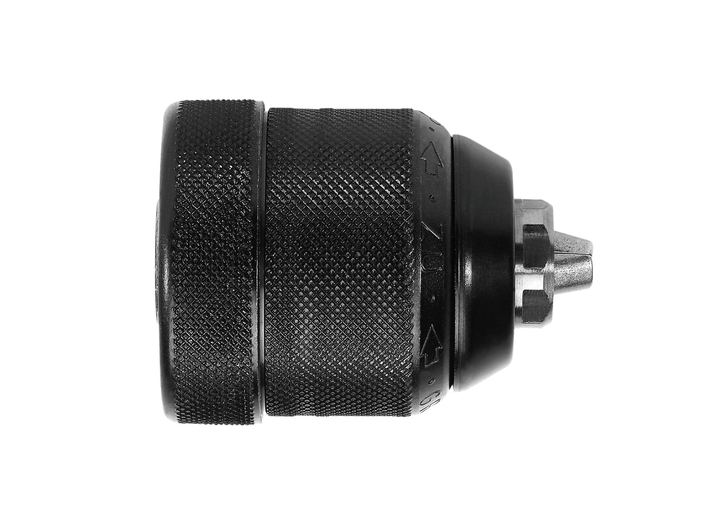 A black drill chuck with a metal tip, viewed from the side, on a white background.