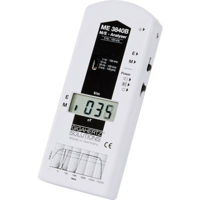 A white measuring device with a display shows '0.35 nT'. It measures electromagnetic fields in the frequency range from 5 Hz to 100 kHz.