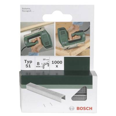 Packaging for Bosch staples Type 51, Size 8 mm, 1000 pieces. Top image shows hand with staple gun, bottom image shows staples.