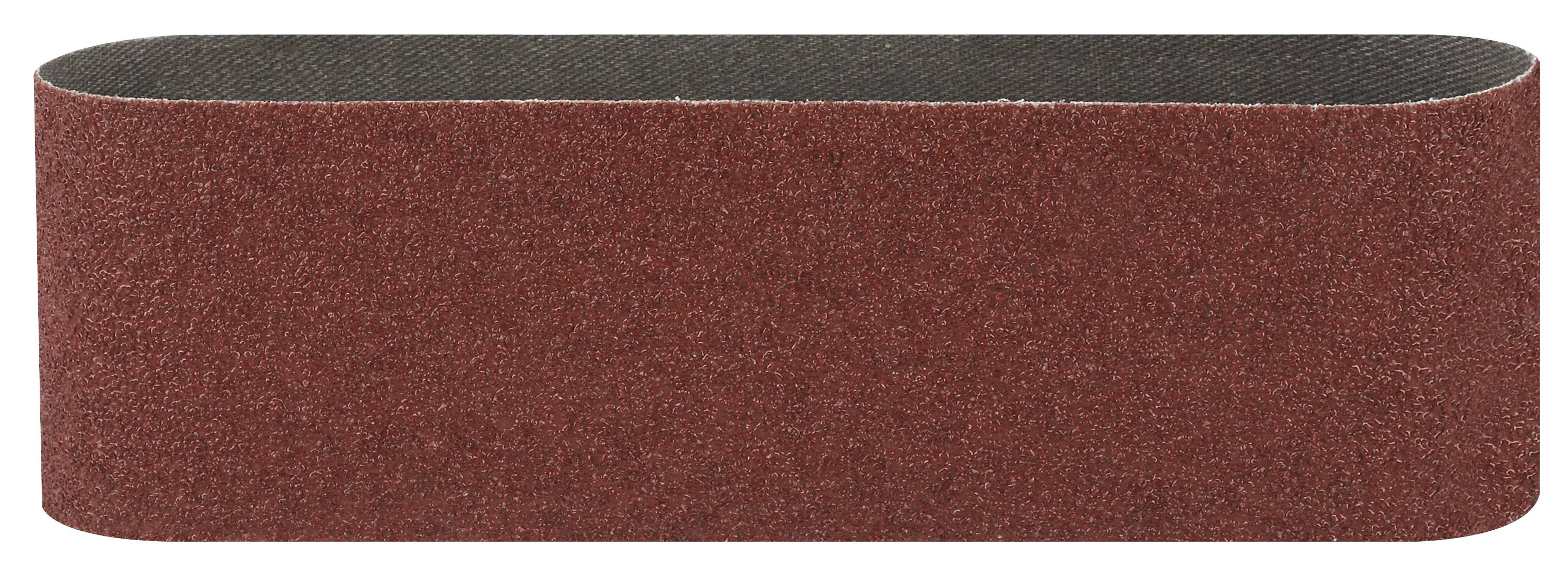 Sanding belt in red colour, rectangular and roughened, suitable for electric sanding devices.