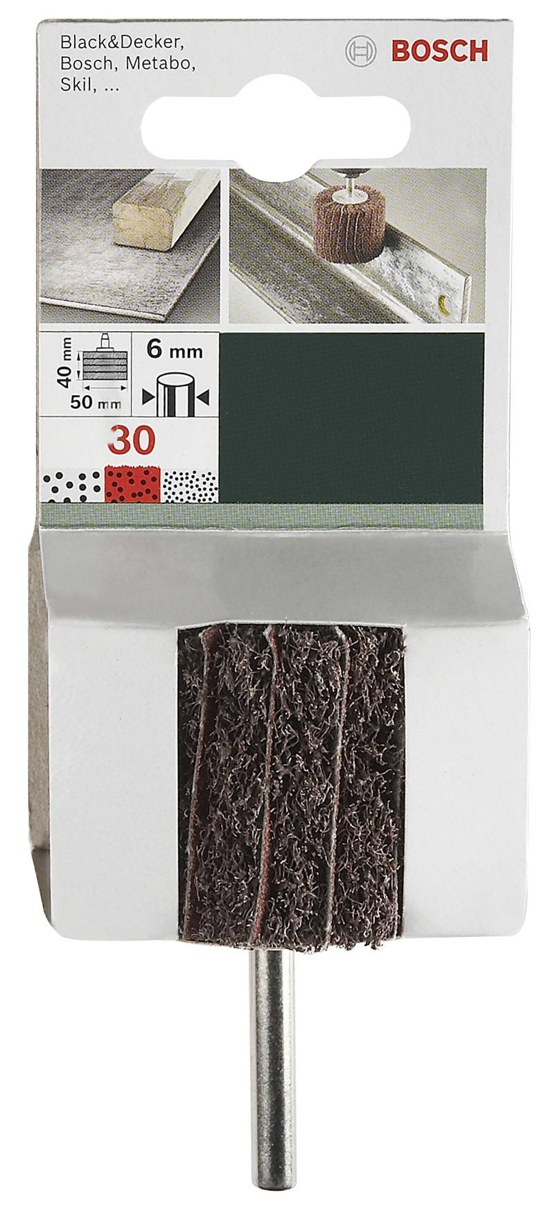 'Bosch Sanding Mop; 6 mm; Grit 30; suitable for Black&Decker, Metabo, Skil; packaging with product illustration and application examples.'