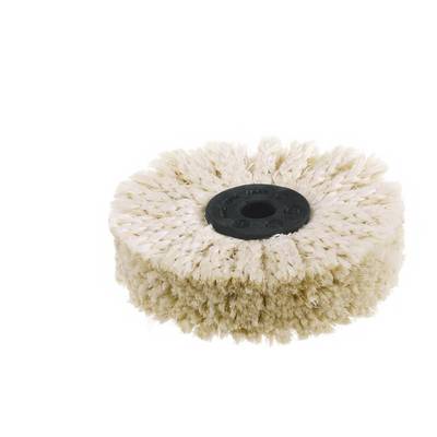 A round, thick cleaning brush with light-coloured bristles and a black plastic centre.