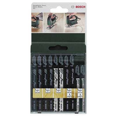 A set of Bosch jigsaw blades in different types for wood and metal. Packaging shows application of blades with jigsaw.