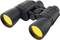 Black binoculars with yellow lenses, lying on a white surface. Primarily suitable for bird watching or long-distance viewing.