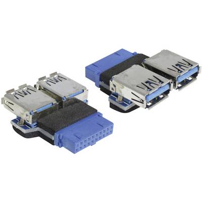Two blue, rectangular connector plugs with metal casings and multiple pins, likely USB ports, on a white background.